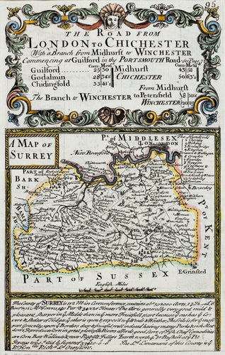 The Road from London to Chichester - Antique Map by Owen Bowen circa 1720