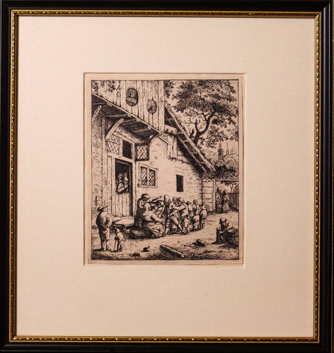The Village Quidnunc (gossip) - Antique Flemish Etching, circa 1600
