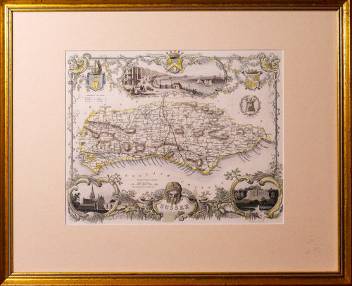 Antique Map of Sussex by T Moule - Steel Engraving circa 1848