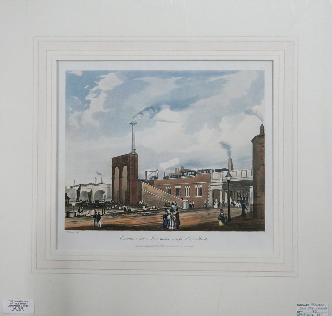 Entrance into Manchester Across Water Street - Antique Aquatint 1833