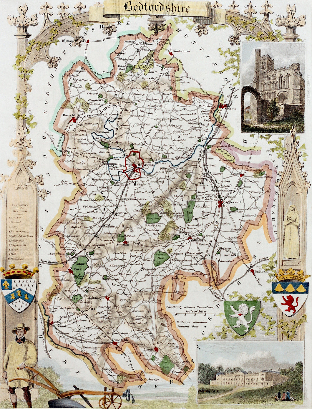 Bedfordshire - Antique Map by Thomas Moule circa 1848