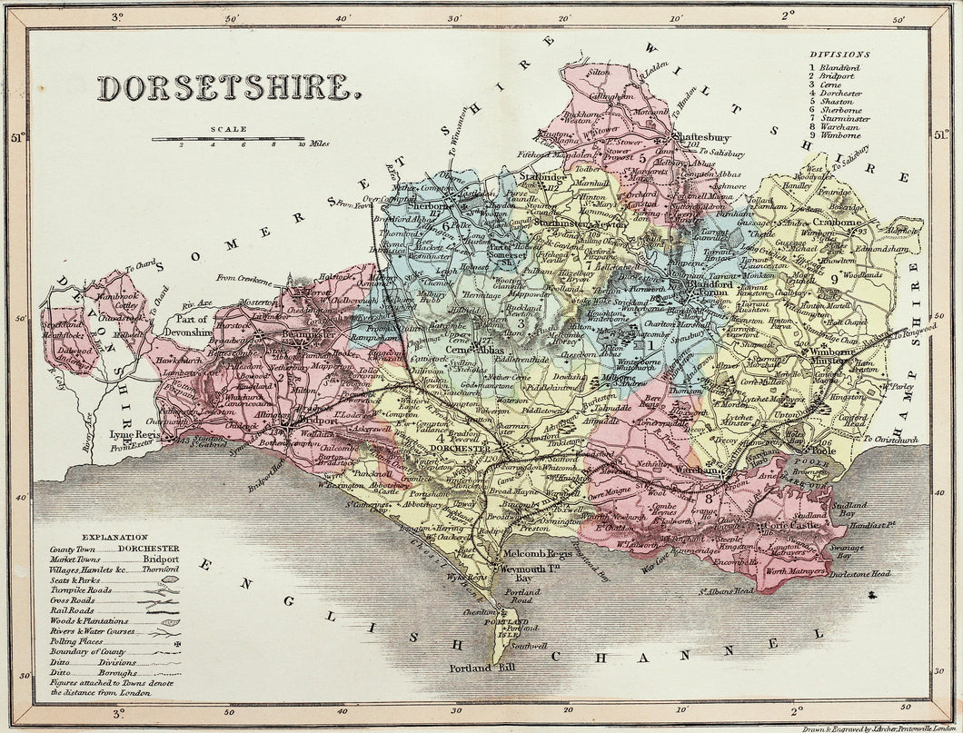 Dorsetshire - Antique Map by J Archer circa 1848