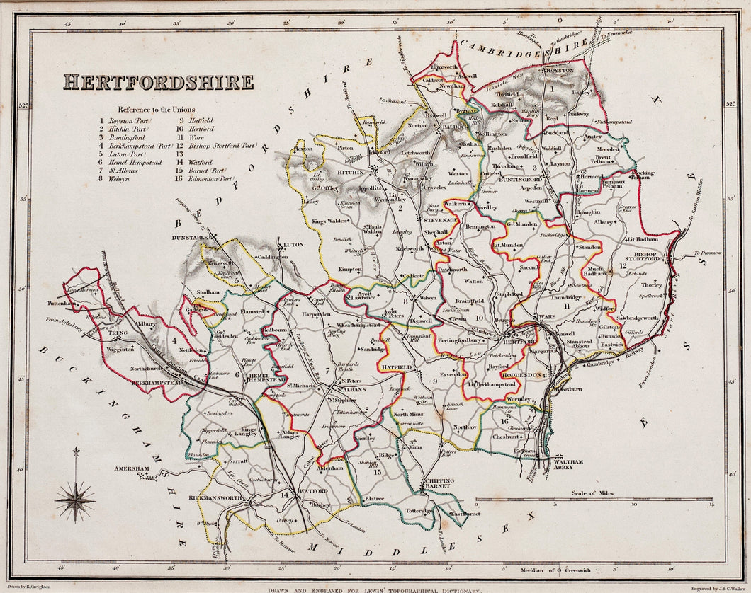 Hertfordshire - Antique Map by JC Walker circa 1848
