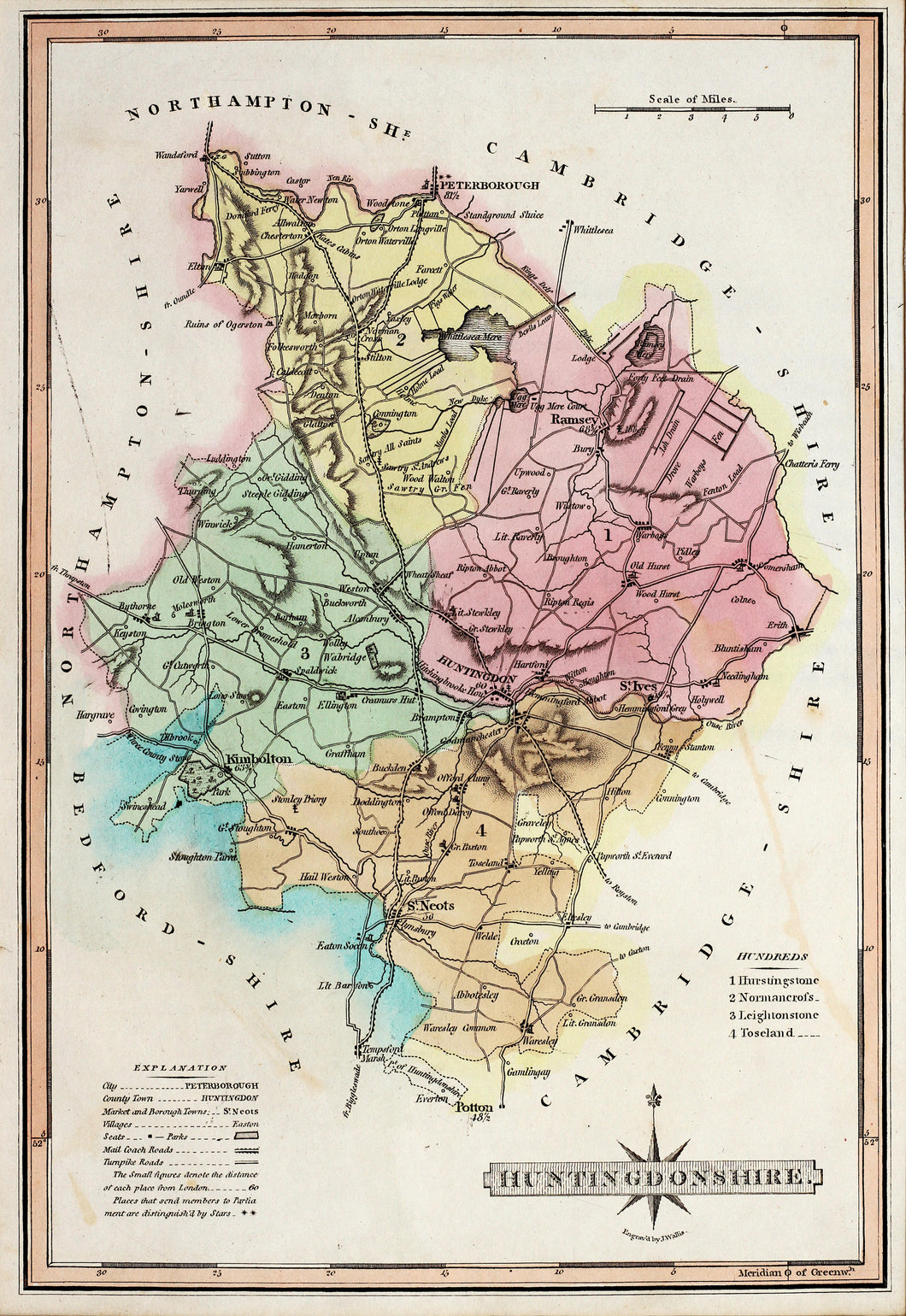 Huntingdonshire - Antique Map by J Wallis circa 1814