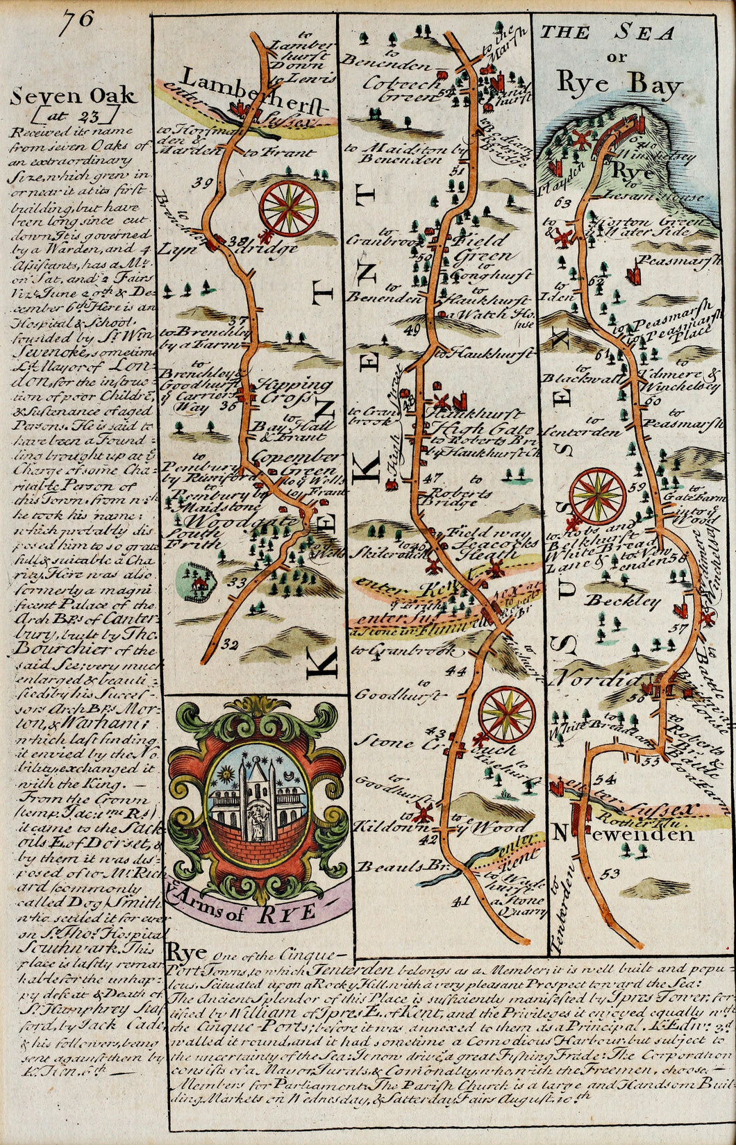 Lamberherst to Rye - Antique Strip Map by Owen/Bowen circa 1720