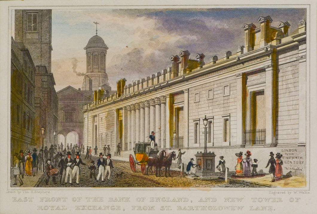 East Front of the Bank of England - Antique Steel Engraving circa 1828