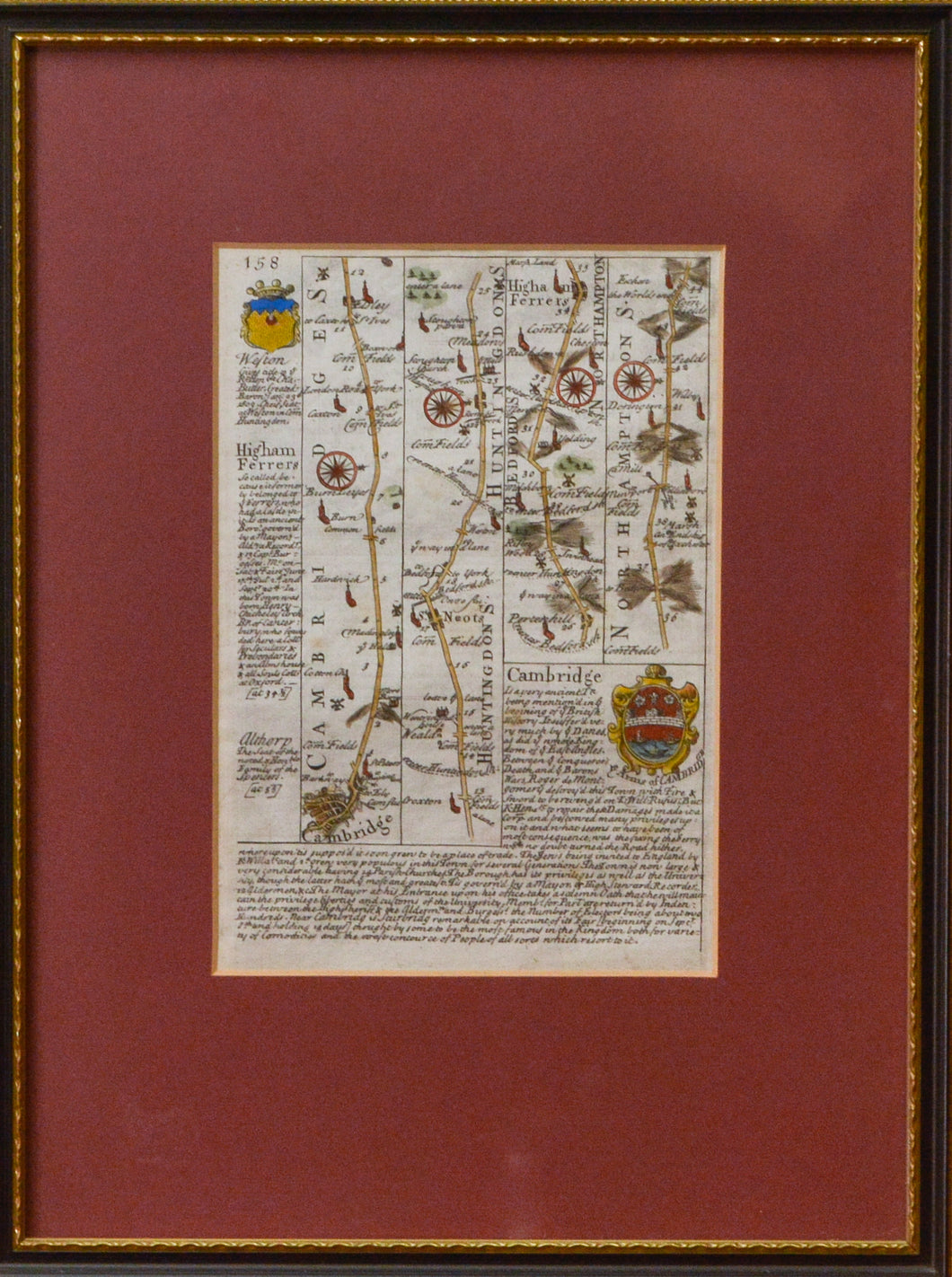 The Road from Cambridge into Northamptonshire - Antique Route Map circa 1720