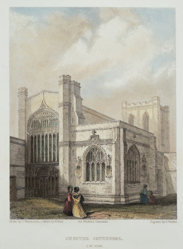 Chester Cathedral South West View - Antique Steel Engraving circa 1842