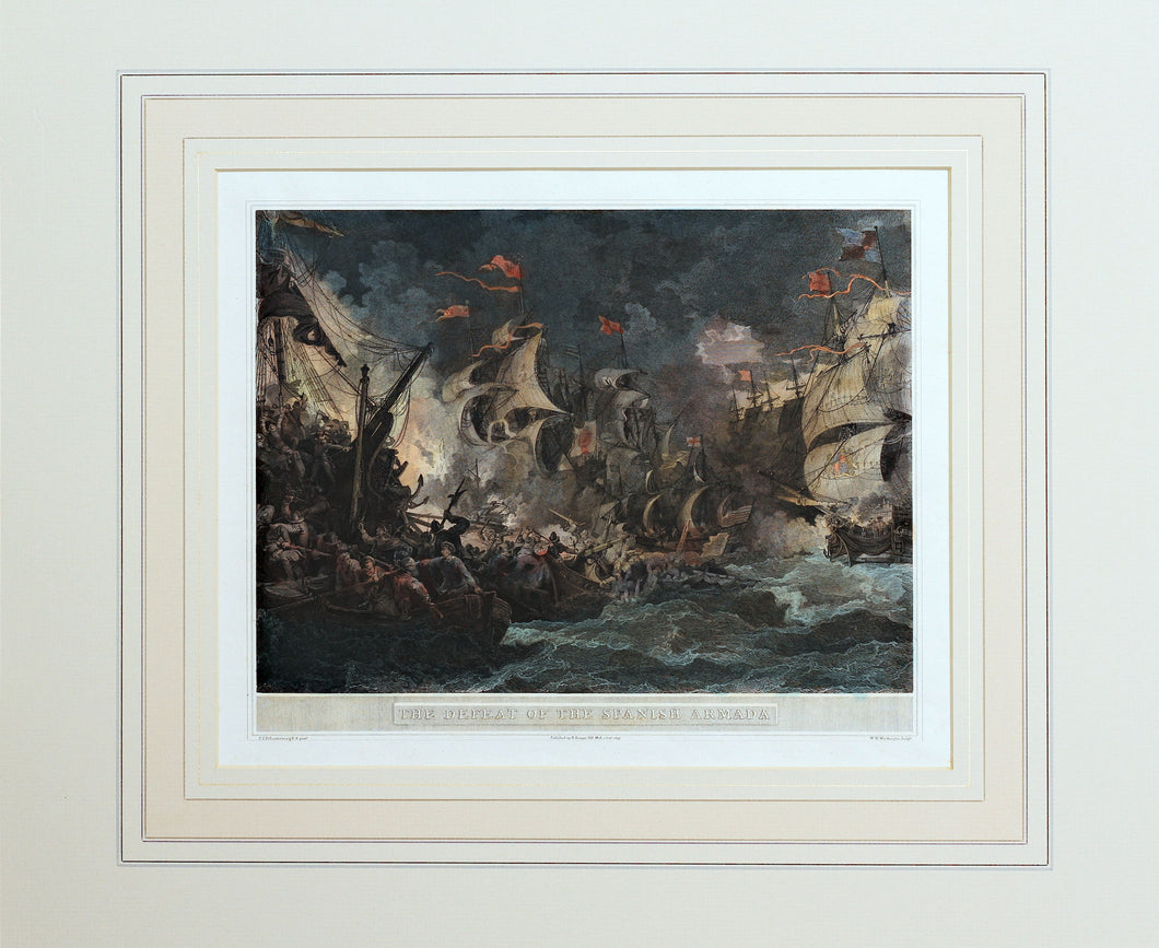 The Defeat of the Spanish Armada - Antique Copper Engraving 1805