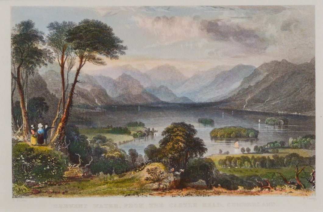 Derwent Water From the Castle Head - Antique Steel Engraving circa 1836