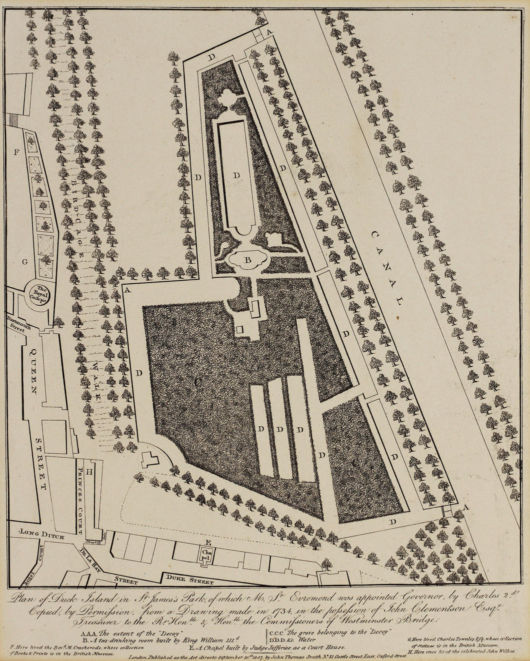 Plan of Duck Island - Antique Plan of St James Park 1807