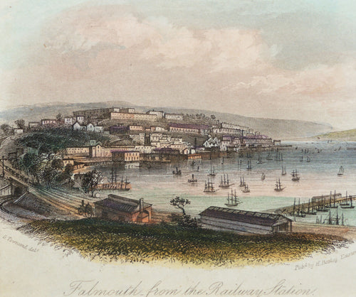 Falmouth from the Railway Station - Antique Steel Engraving circa 1850