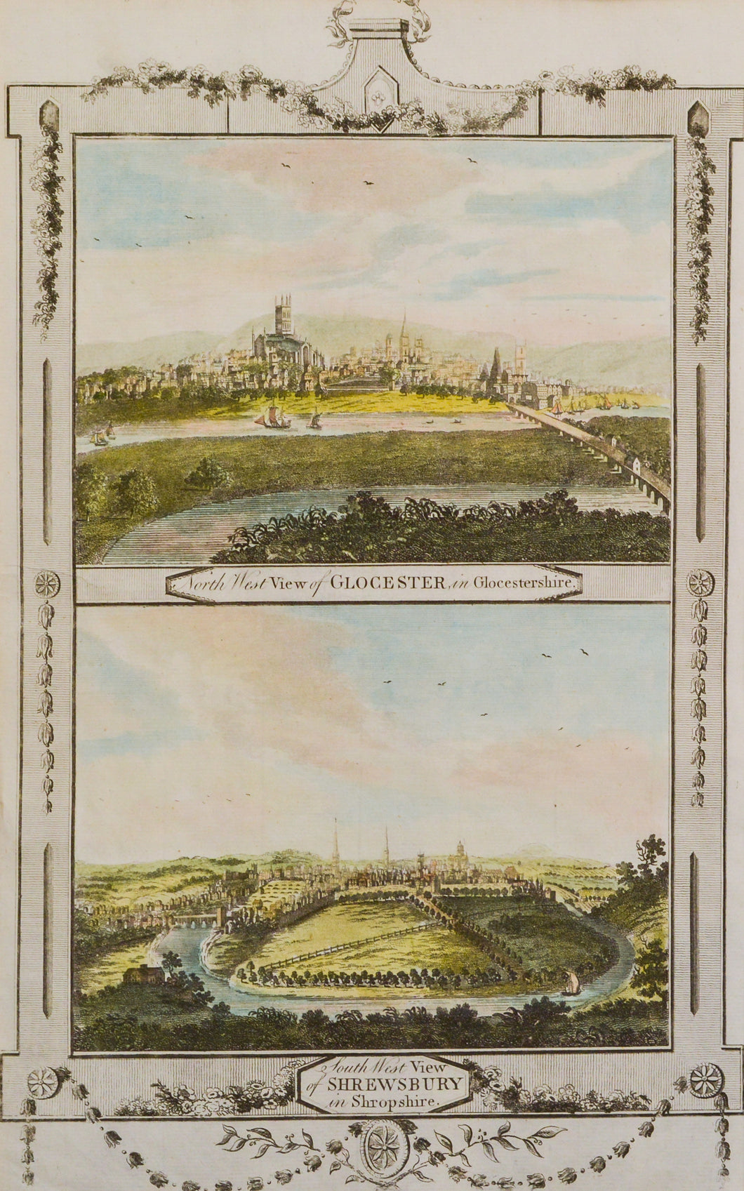 A View of Glocester and a View of Shrewsbury - Copper Engraving circa 1784