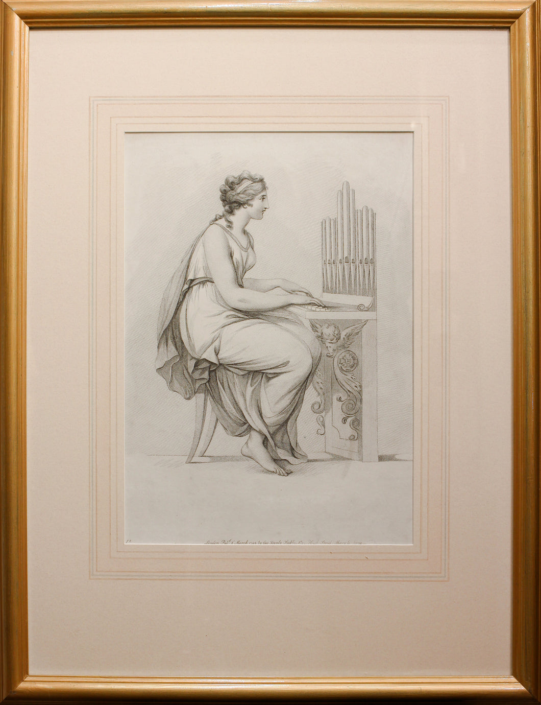 Goddess Playing a Pipe Organ Stipple Engraving 1798