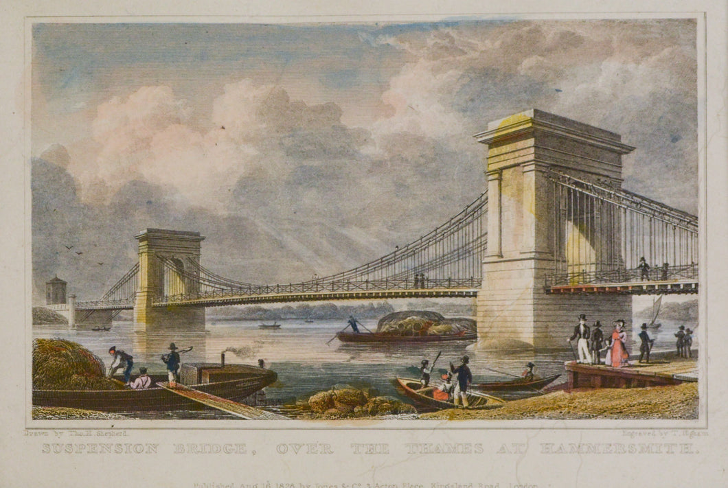 Hammersmith Bridge - Antique Steel Engraving 1828