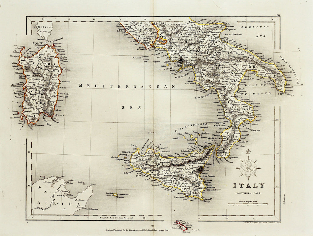Italy Southern Part - Antique Map circa 1850