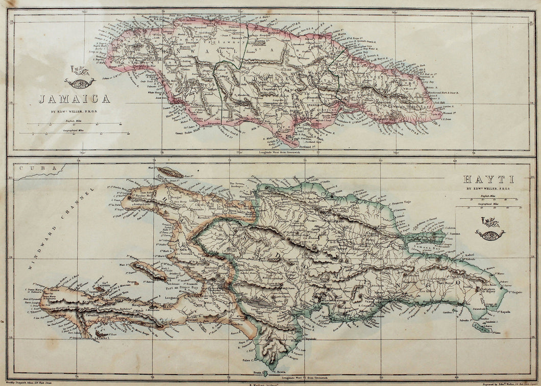 Jamaica and Hayti - Antique Map circa 1863