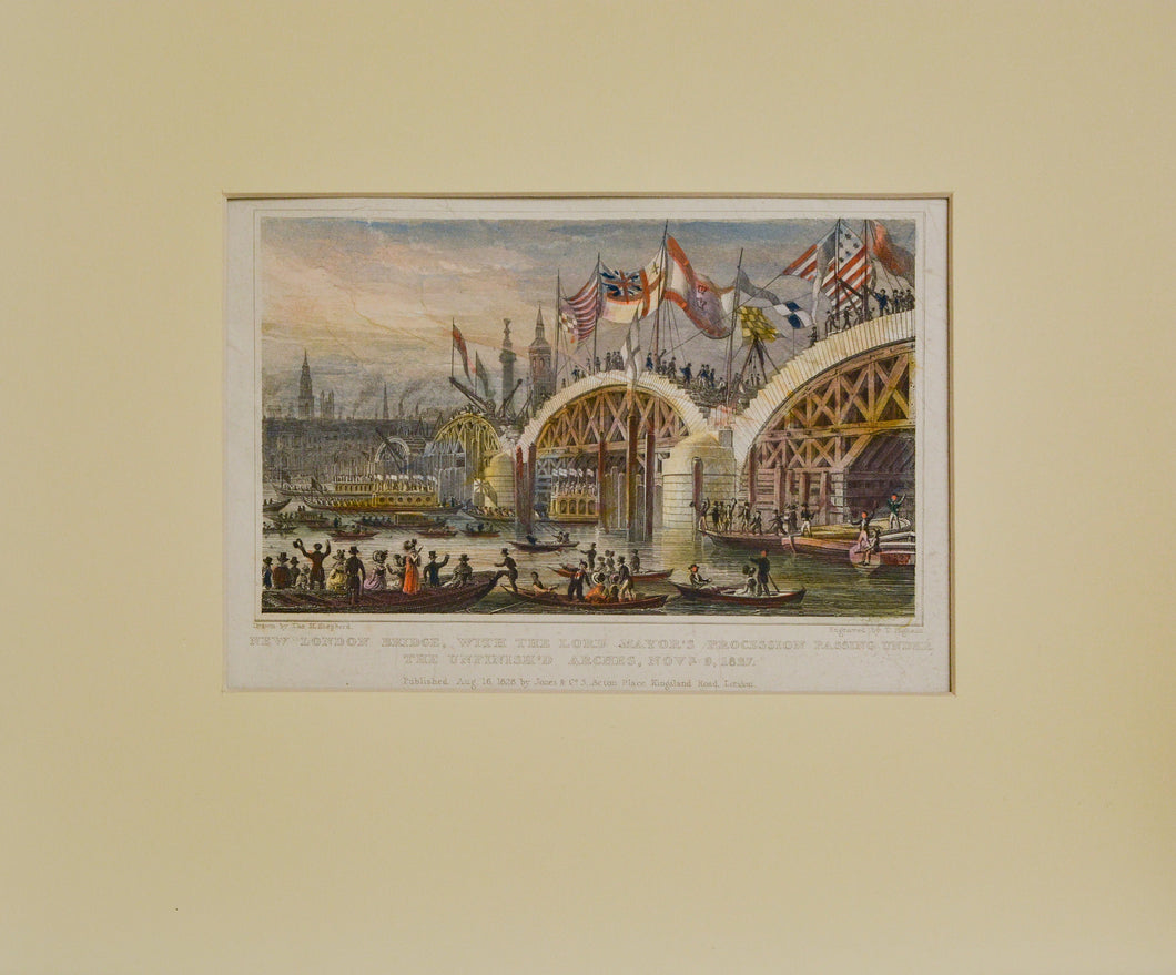 New London Bridge - Antique Steel Engraving circa 1828