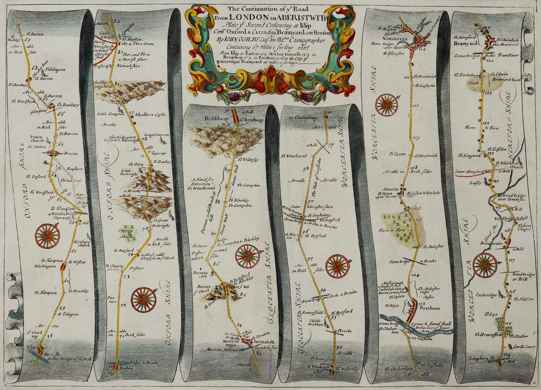 The Road from London to Aberistwith - Antique Ribbon Map circa 1692