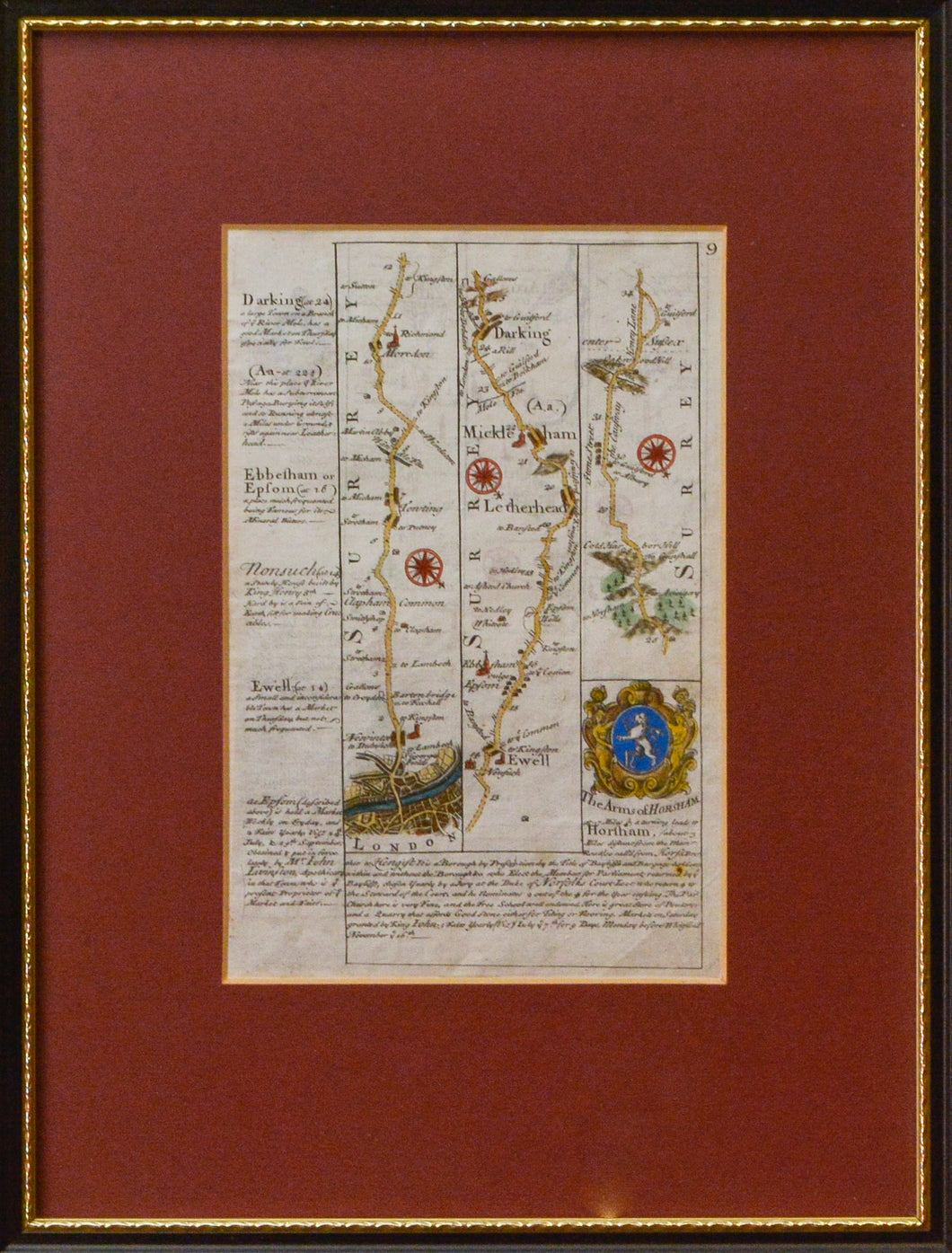 The Road from London to Chichester - Antique Route Map circa 1720