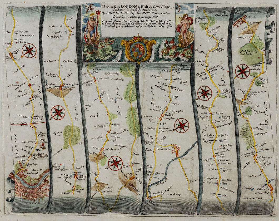 The Road from London to Hythe in Kent - Antique Ribbon Map circa 1692