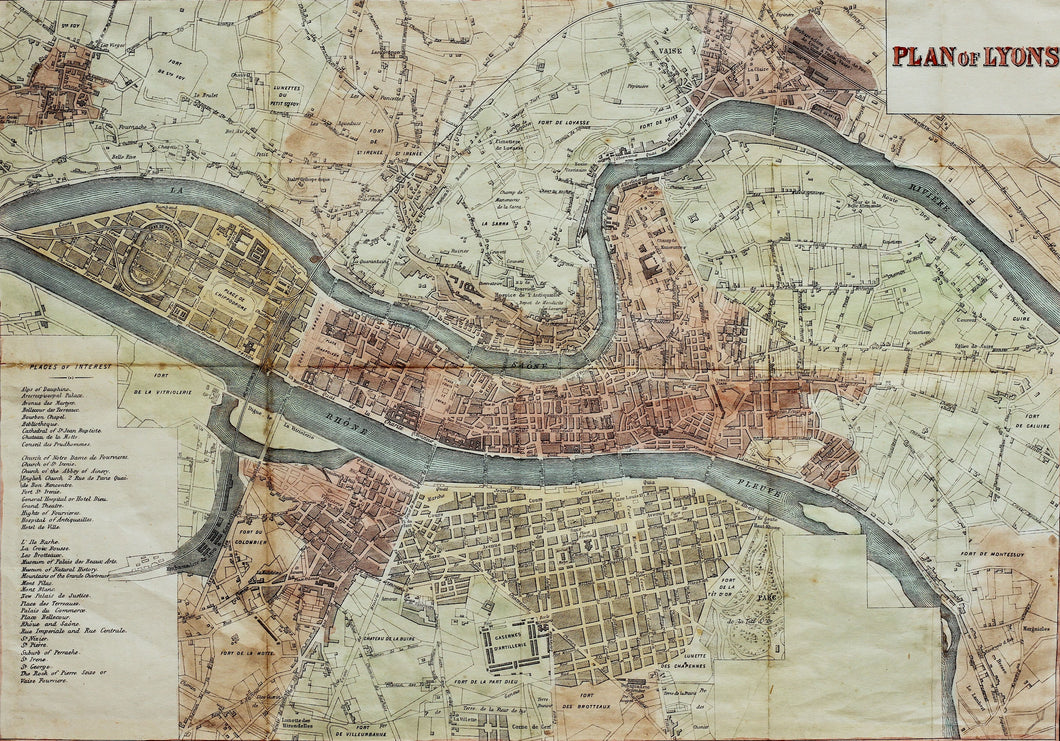 Plan of Lyons - Antique Map for Bradshaw circa 1870