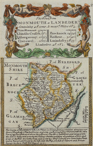 The Road from Monmouth to Lanbeder - Antique Map by Owen/Bowen circa 1720