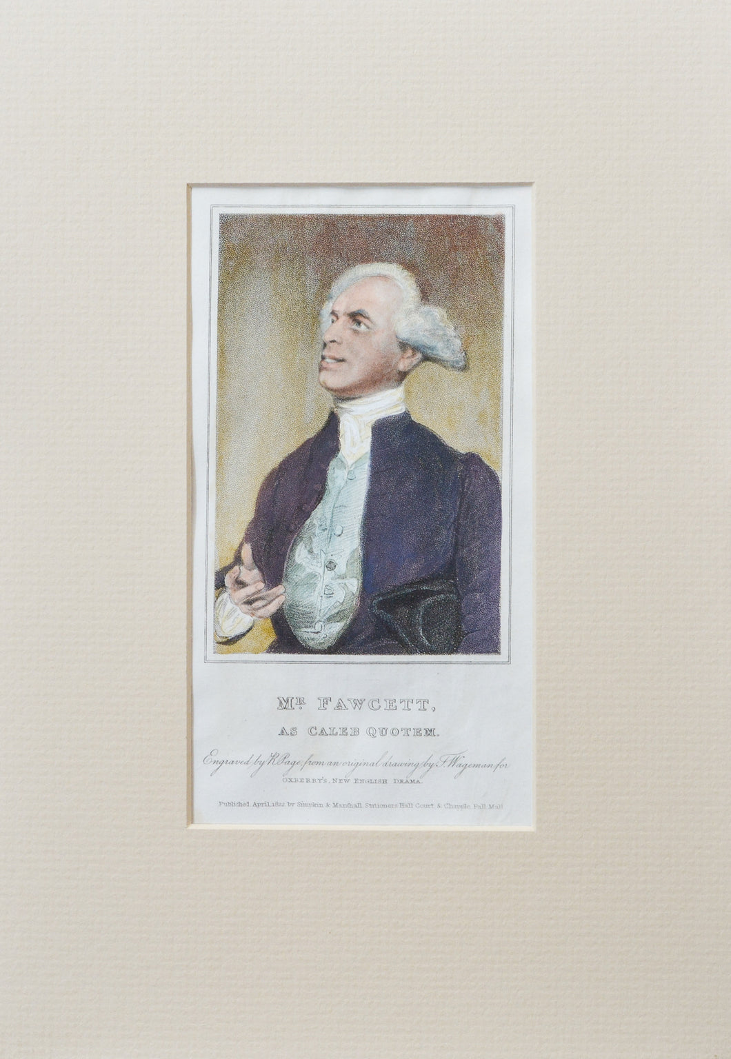 Mr Fawcett as Caleb Quotem - Antique Stipple Engraving circa 1822
