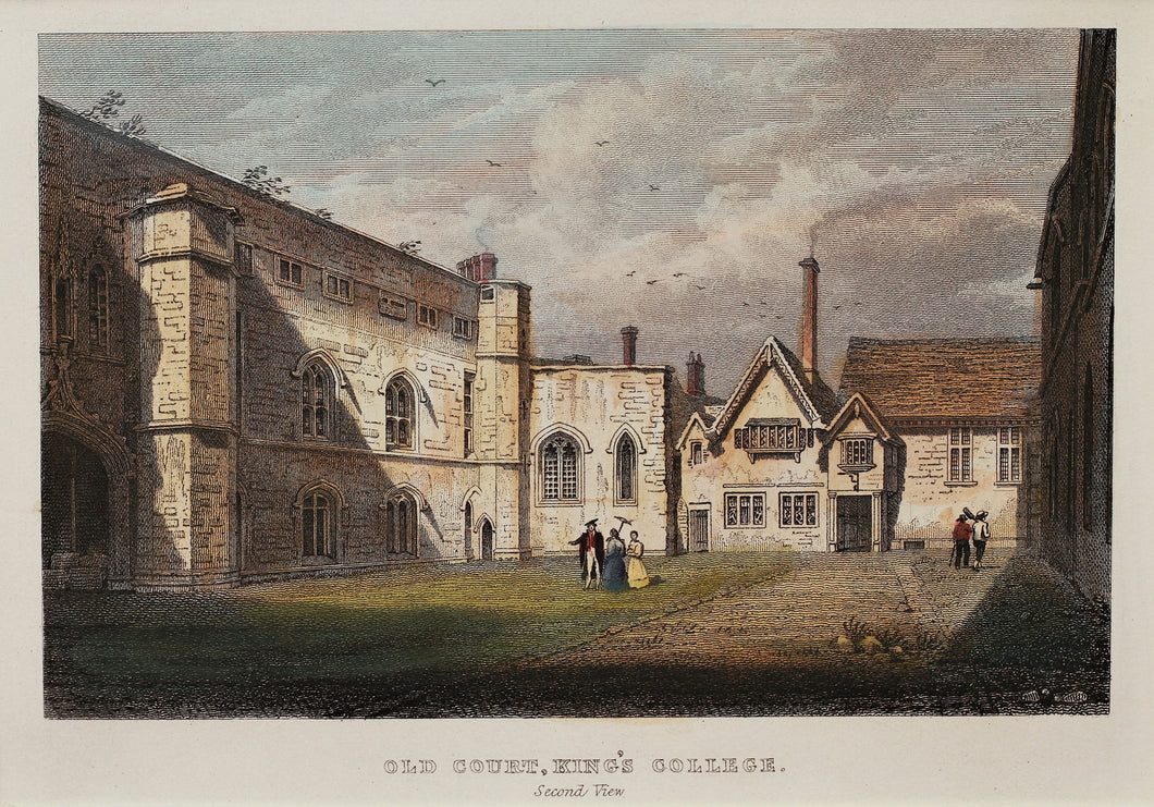 Old Court Kings College Cambridge - Antique Steel Engraving circa 1858