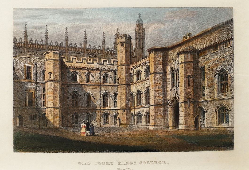 Old Court Kings College Cambridge - Antique Steel Engraving circa 1858