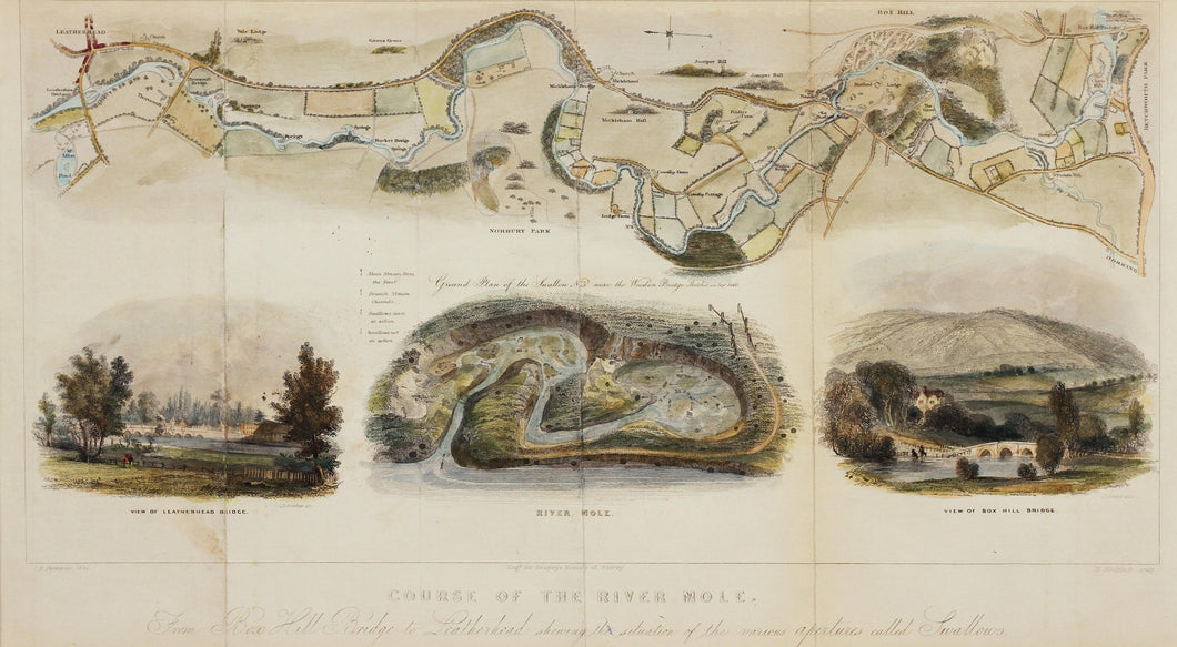 Course of the River Mole - Antique Map with Illustrations by N Whittock 1841