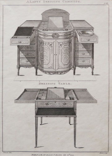 A Ladys Dressing Commode & Dressing Table by T Sheraton - Antique Copper Engraving 1793
