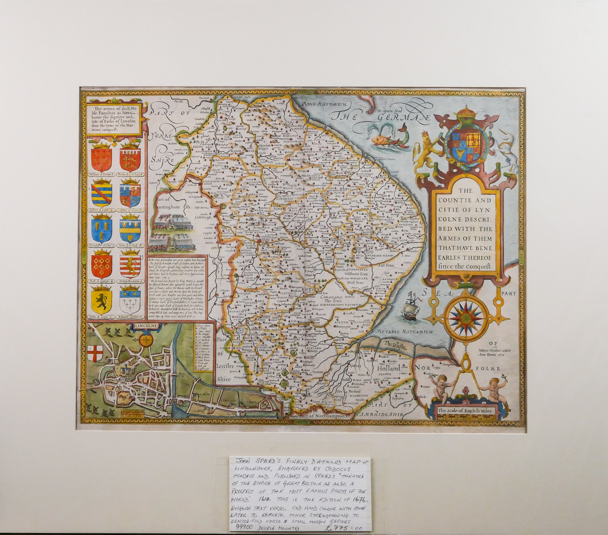 大型作品　西洋古地図　1676年 J. Speed「Lyncolne」 Lincolnshire - Fine Antique Map by John Speed 1676 – The Witch Ball
