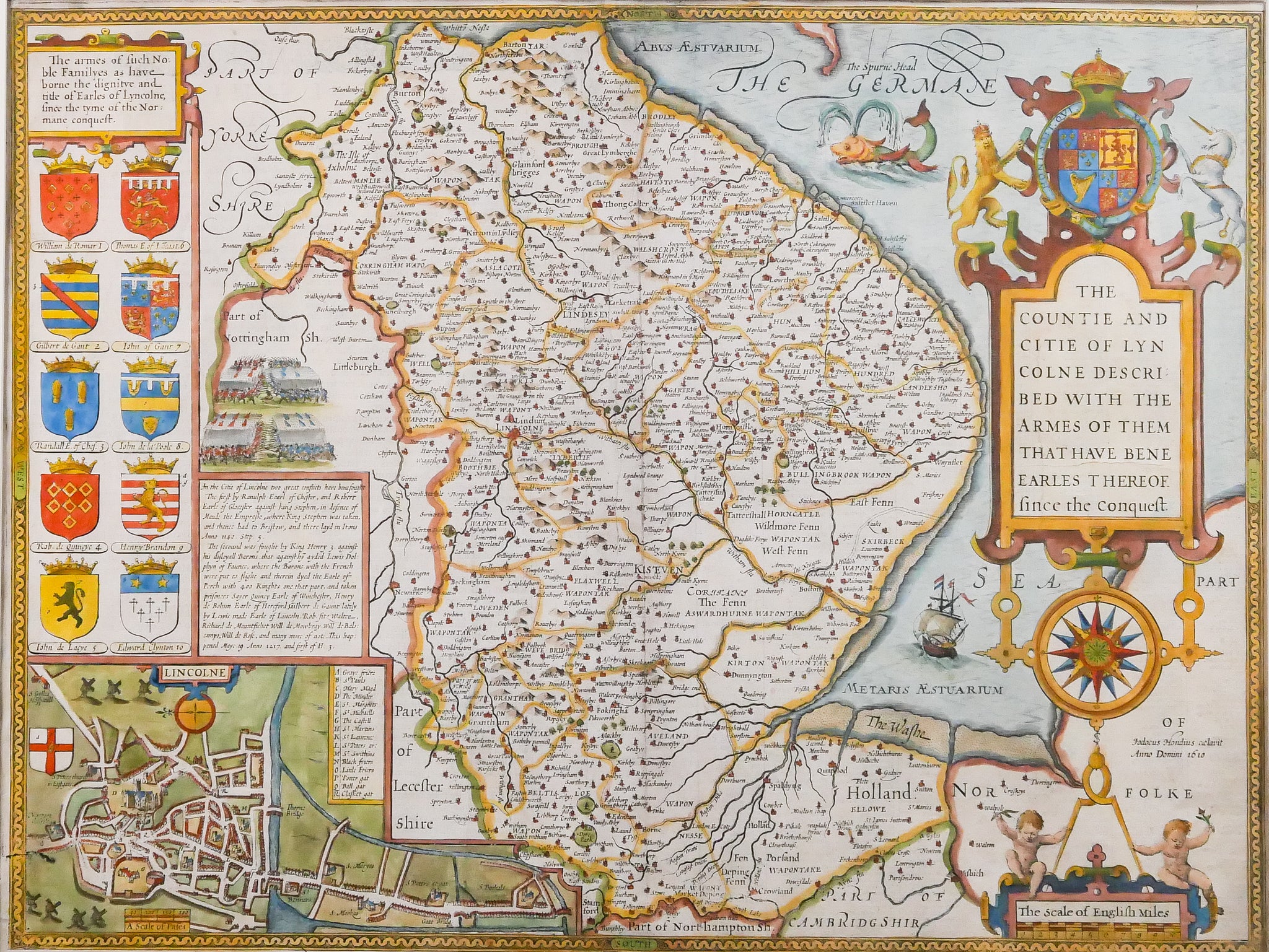 Lincolnshire - Fine Antique Map by John Speed 1676 – The Witch Ball