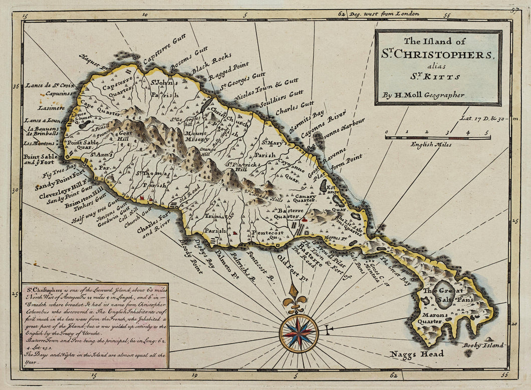 The Island of St Christophers alias St Kitts - Antique Map by H Moll 1729/32