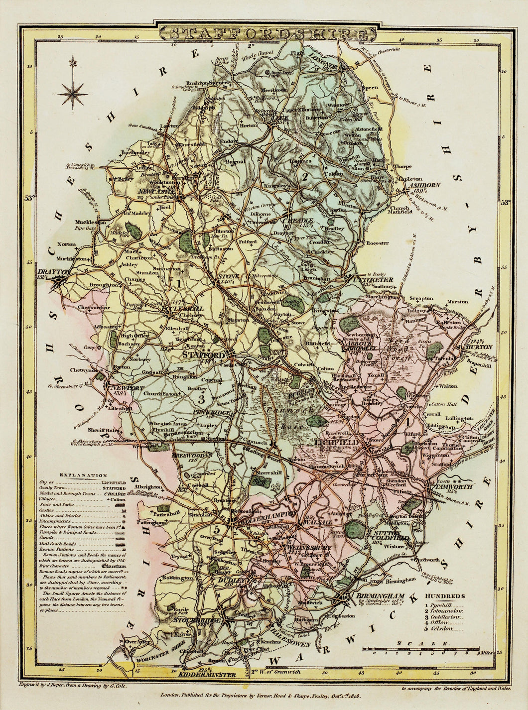 Staffordshire - Antique Map by J Roper, circa 1808