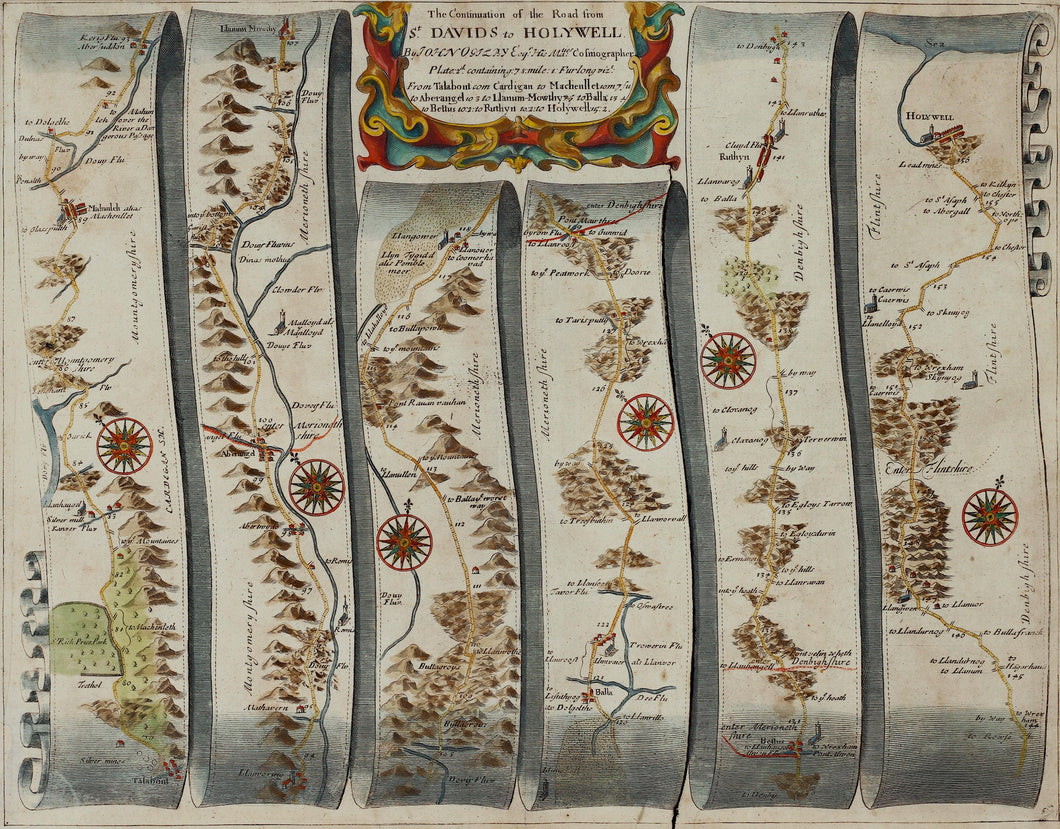 The Road from St Davids to Holywell - Antique Ribbon Map circa 1675