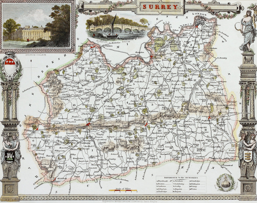 Surrey - Antique Map by Thomas Moule circa 1838