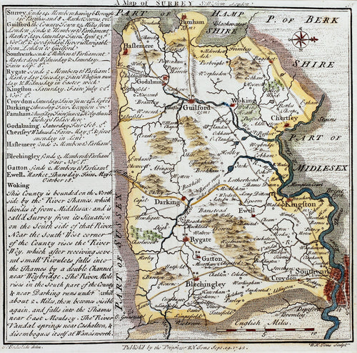 A Map of Surrey - Antique Map by WH Toms 1742