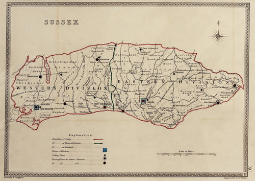 Sussex - Antique Map by J&C Walker circa 1838