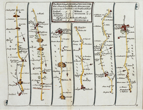 The Road from London to Chichester - Antique Ribbon Map by John Senex circa 1757
