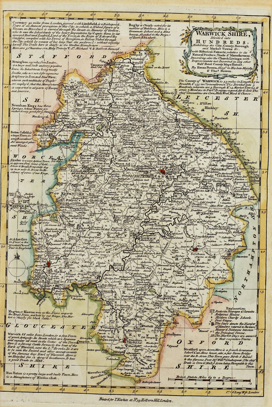 Warwickshire Divided into Hundreds - Antique Map by Bowen circa 1767