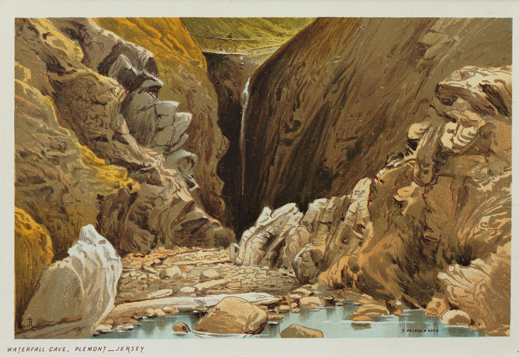 Waterfall Cave Plemont Jersey - Antique Chromolithograph circa 1880